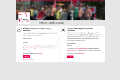 Login-Seite von Forum plus mit Zugang per registrierter Benutzer E-Mail oder direkt-Zugriff mit Code möglich